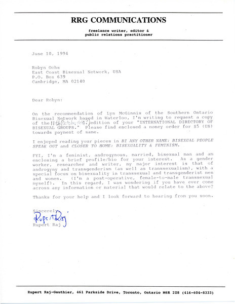 Download the full-sized image of Letter from Rupert Raj to Robyn Ochs (June 10, 1994)