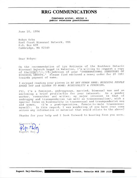 Download the full-sized image of Letter from Rupert Raj to Robyn Ochs (June 10, 1994)