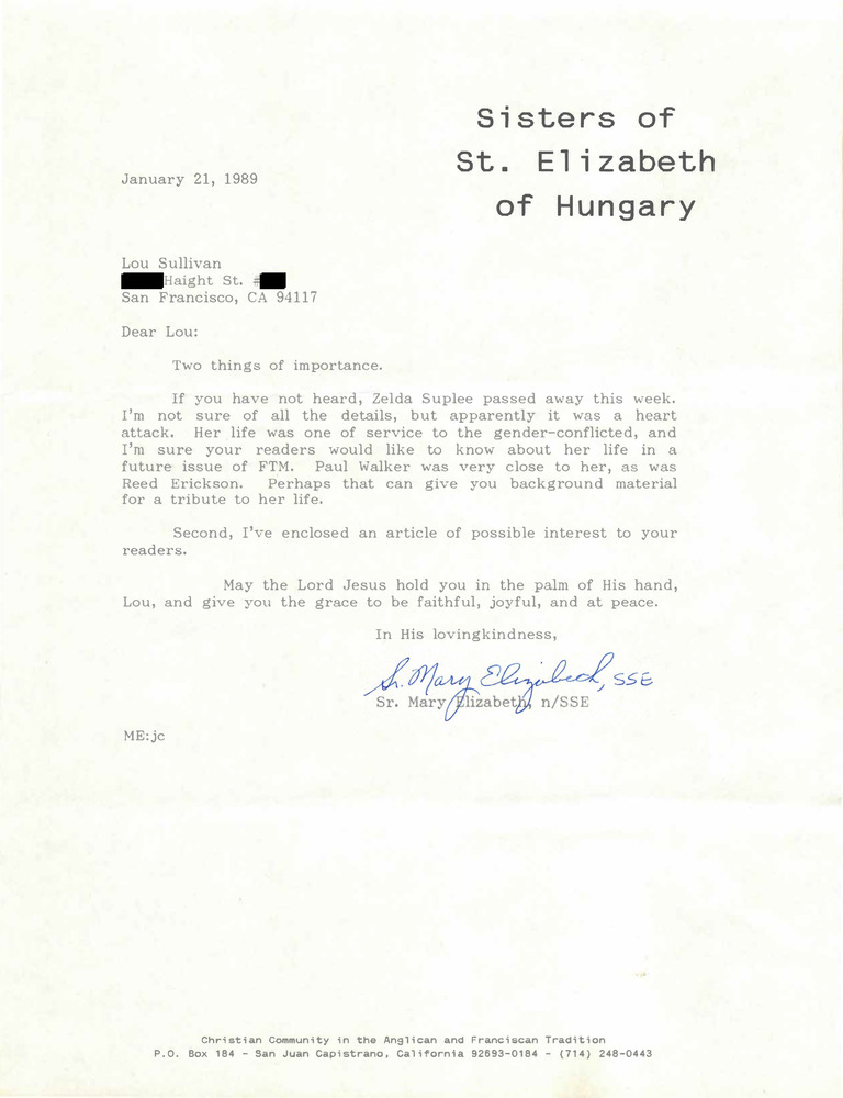 Download the full-sized PDF of Correspondence from Mary Elizabeth to Lou Sullivan (January 21, 1989)