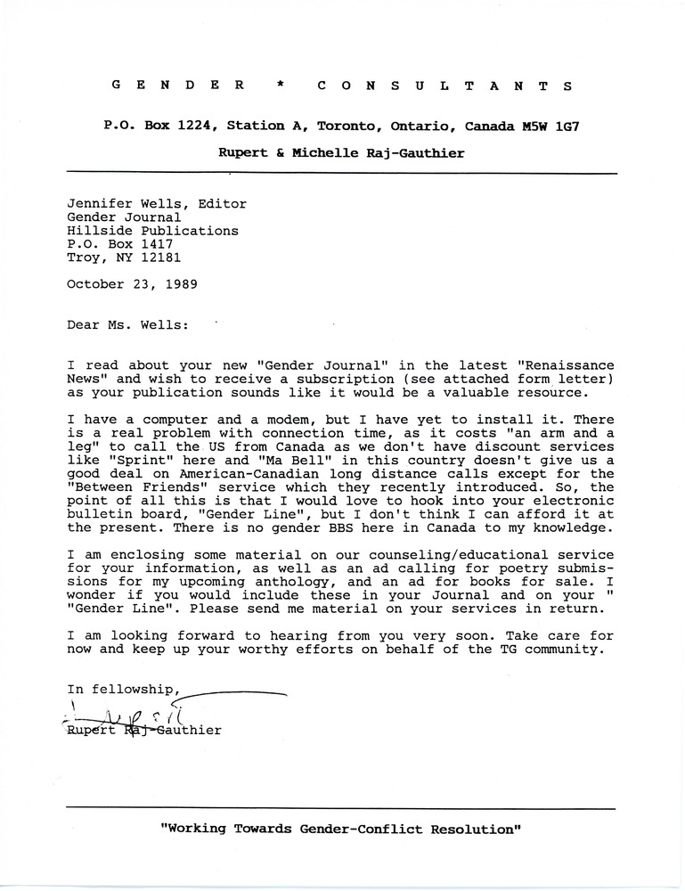 Download the full-sized PDF of Letter from Rupert Raj to Jennifer Wells (October 23, 1989)
