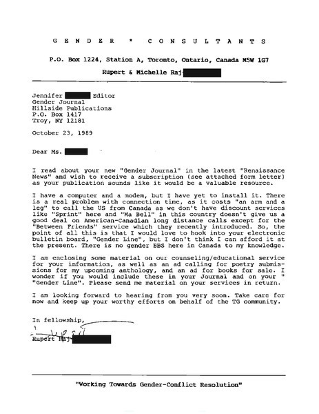 Download the full-sized PDF of Letter from Rupert Raj to Jennifer Wells (October 23, 1989)