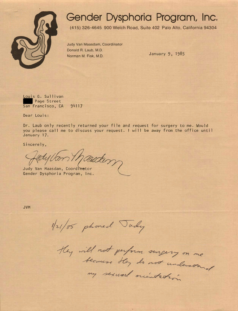 Download the full-sized PDF of Correspondence from Judy Van Maasdam to Lou Sullivan (January 9, 1985)