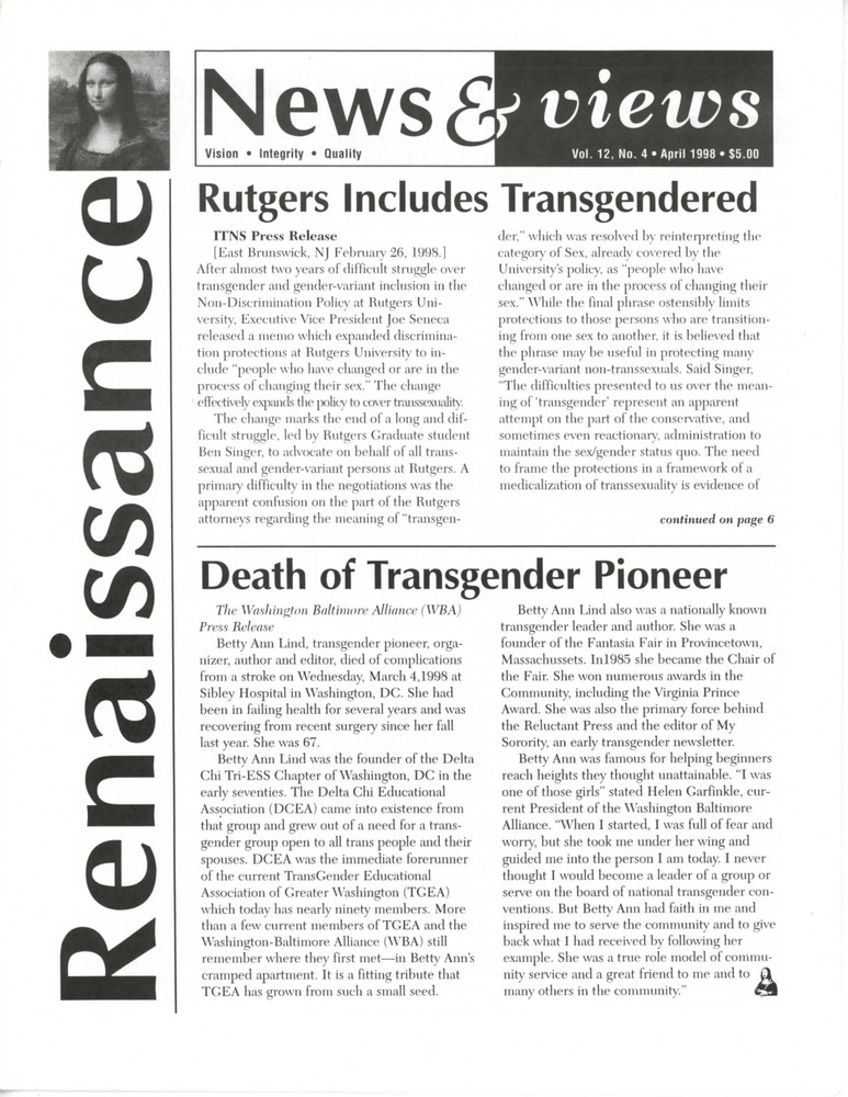 Download the full-sized PDF of Renaissance News & Views, Vol. 12 No. 4 (April 1998)