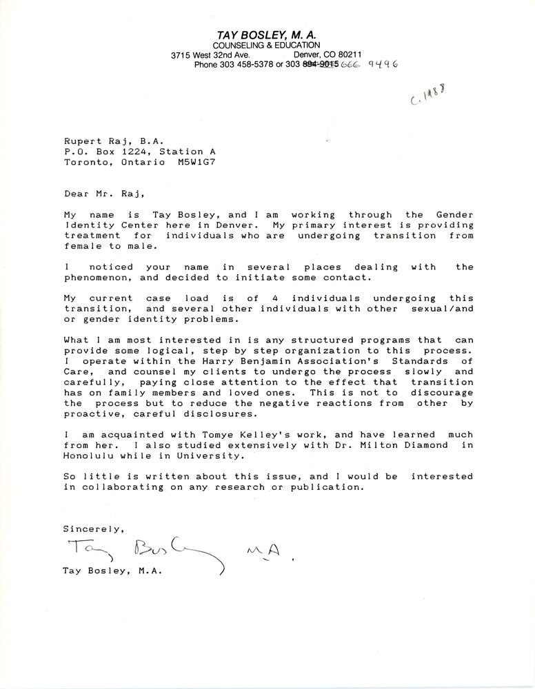 Download the full-sized PDF of Letter to Rupert Raj from Tay Bosley