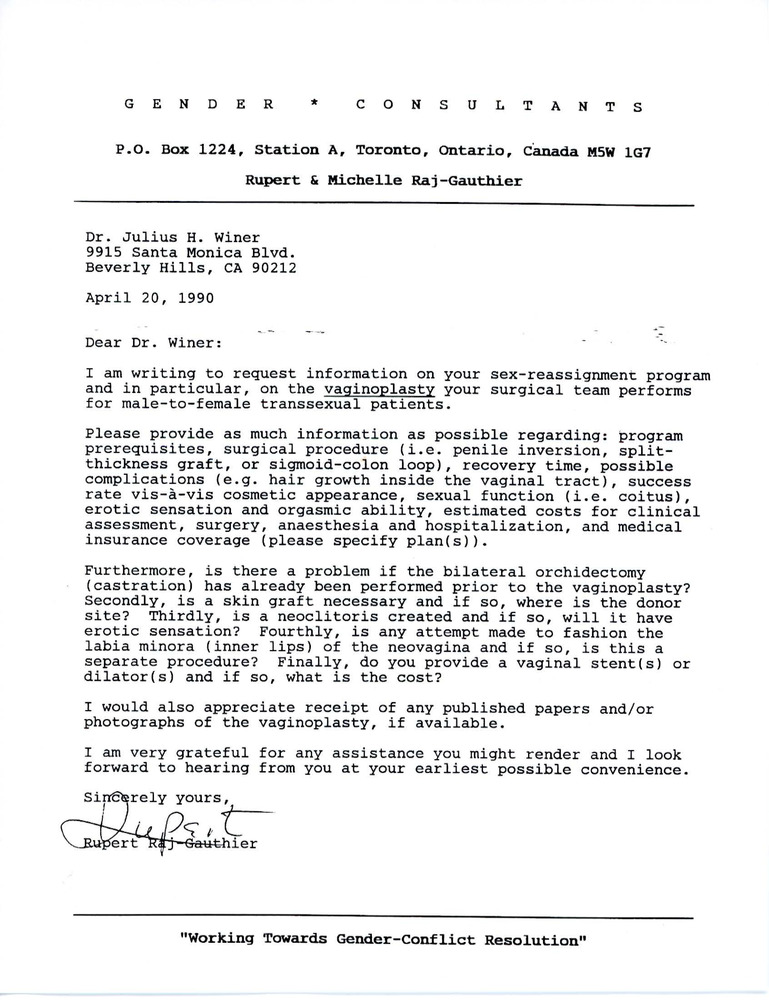 Download the full-sized PDF of Letter from Rupert Raj to Dr. Julius H. Winer (April 20, 1990)