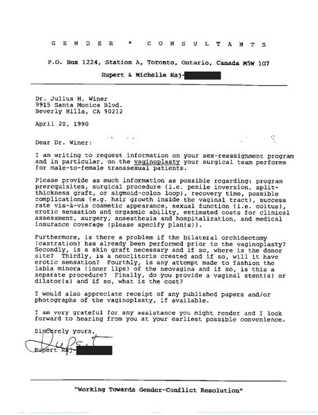 Download the full-sized image of Letter from Rupert Raj to Dr. Julius H. Winer (April 20, 1990)