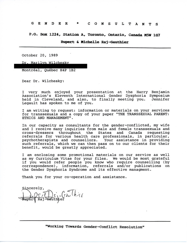 Download the full-sized PDF of Letter from Rupert Raj to Dr. Marilyn Wilchesky (October 20, 1989)