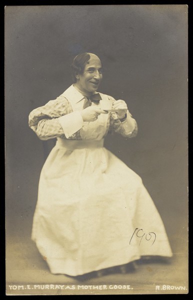 Download the full-sized image of Tom E. Murray in character as "Mother Goose". Photographic postcard, 1907.