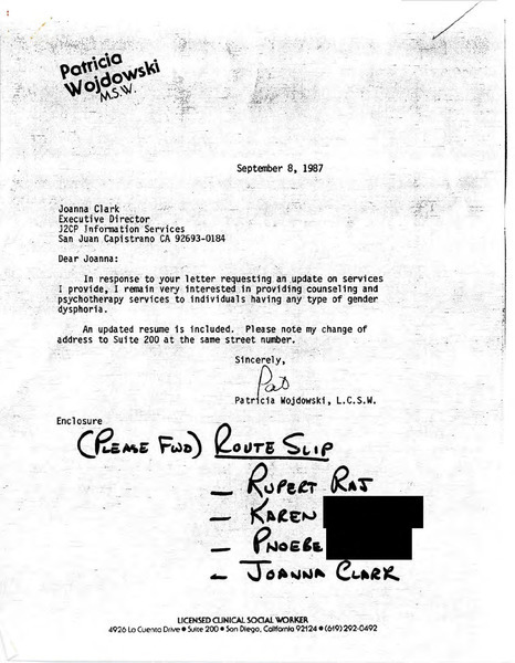 Download the full-sized image of Letter From Patricia Wojdowshi to Joanna Clark (September 8, 1987)