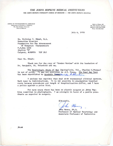 Download the full-sized image of Letter from John Money to Rupert Raj (July 6, 1978)