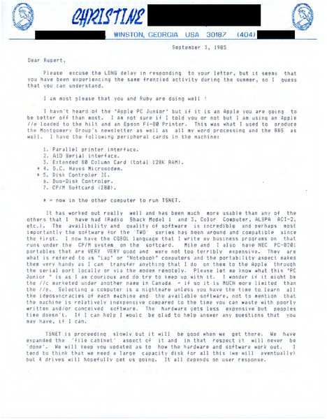 Download the full-sized image of Letter from Christine Victoria Reid to Rupert Raj (September 3, 1985)