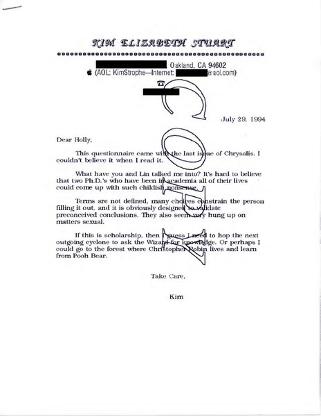 Download the full-sized image of Letter from Kim Elizabeth Stuart to Holly Devor (June 29, 1994)
