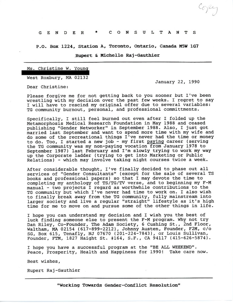 Download the full-sized PDF of Letter from Rupert Raj to Christine W. Young (January 22, 1990)
