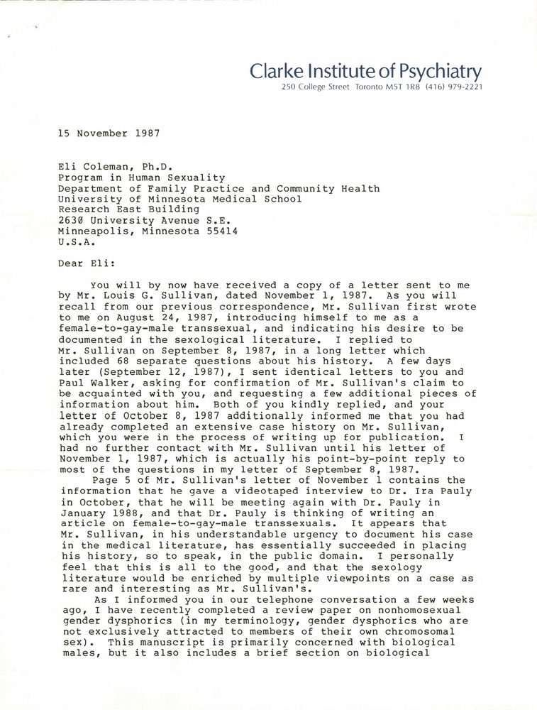 Download the full-sized PDF of Correspondence from Ray Blanchard to Eli Coleman (November 15, 1987)