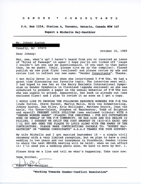 Download the full-sized image of Letter from Rupert Raj to Johnny Austen (October 16, 1989)