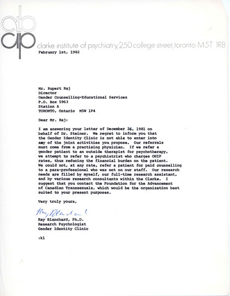 Download the full-sized image of Letter from Ray Blanchard to Rupert Raj (February 1, 1982)