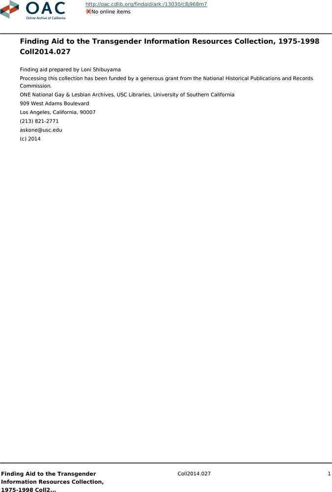 Download the full-sized PDF of Finding Aid to the Transgender Information Resources Collection, 1975-1998
