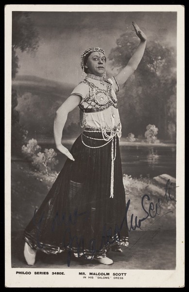Download the full-sized image of Malcolm Scott in character as "Salome". Photographic postcard, 191-.
