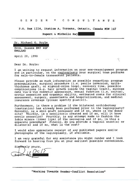 Download the full-sized image of Letter from Rupert Raj to Dr. Michael G. Royle (April 20, 1990)