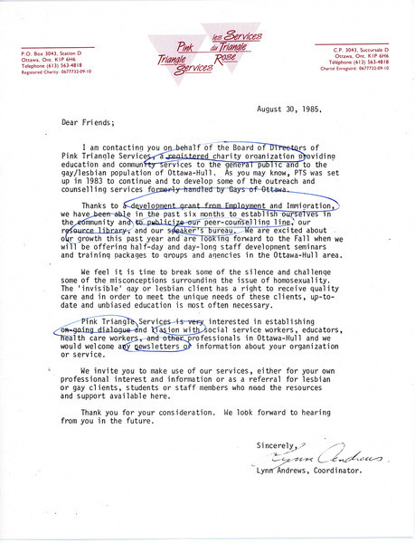 Download the full-sized image of Letter from Lynn Andrews, a Coordinator for Pink Triangle Services (August 30, 1985)