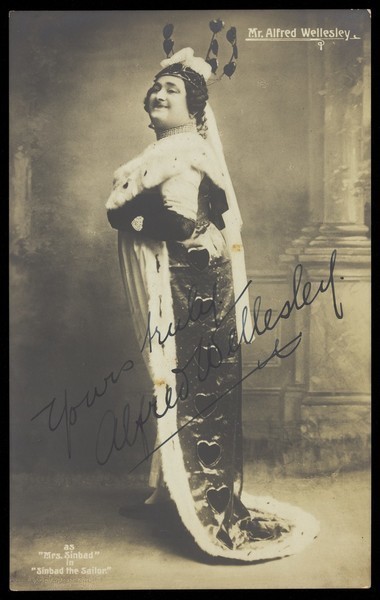 Download the full-sized image of Alfred Wellesley in drag as Mrs Sinbad. Photographic postcard, 192- (?).