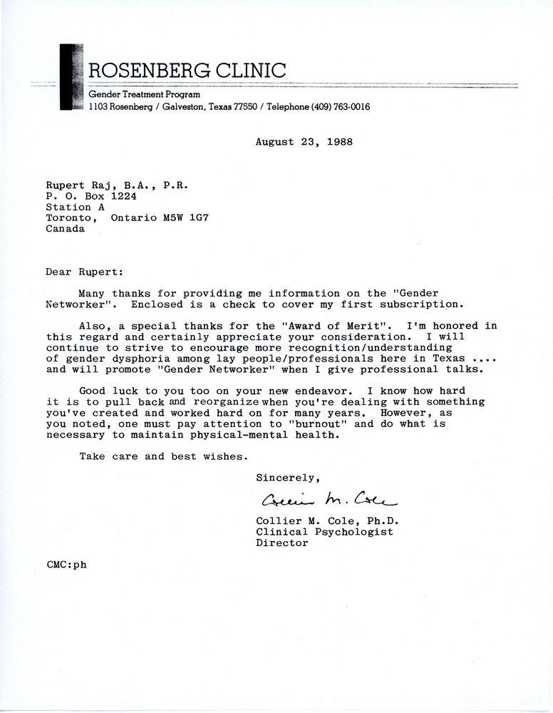 Download the full-sized PDF of Letter to Rupert Raj from Dr. Collier M. Cole (August 23, 1988)