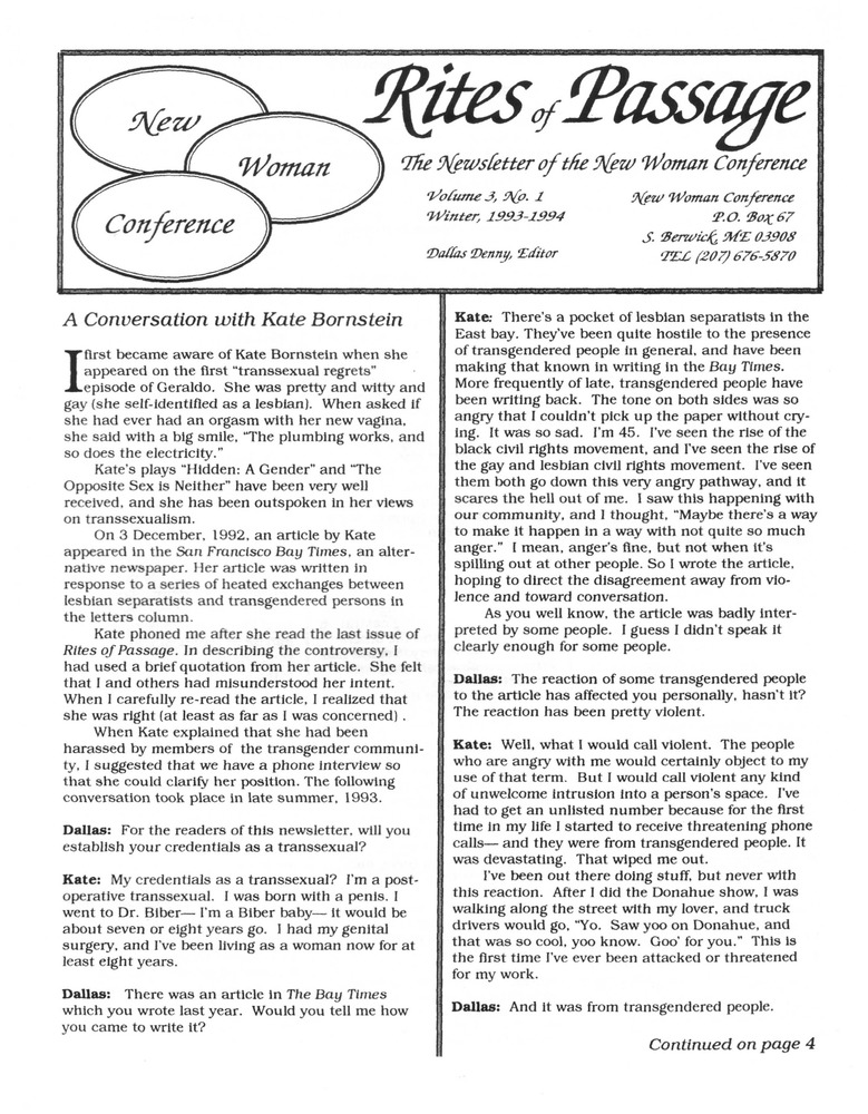 Download the full-sized PDF of Rites of Passage: The Newsletter of the New Woman Conference, Vol. 3 No. 1 (Winter, 1993—1994) 