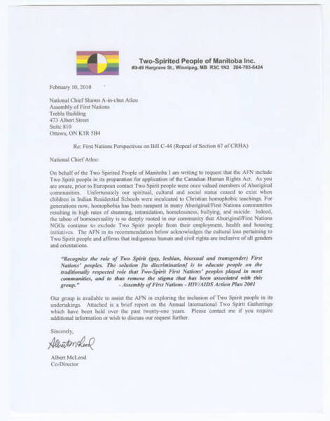 Download the full-sized image of Letter from Albert McLeod to National Chief Atleo, 2010