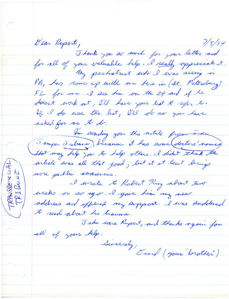 Download the full-sized image of Letter from David Liebman to Rupert Raj (July 8, 1984)