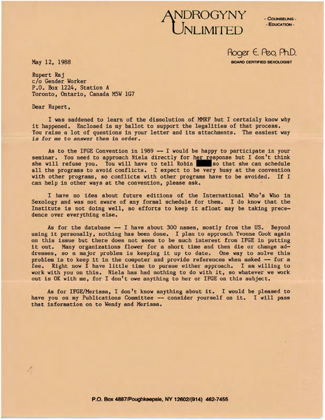 Download the full-sized image of Letter from Roger E. Peo to Rupert Raj (May 12, 1988)