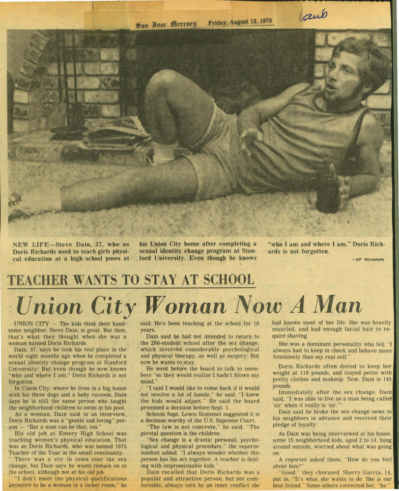 Download the full-sized PDF of Teacher Wants To Stay At School: Union City Woman Now A Man