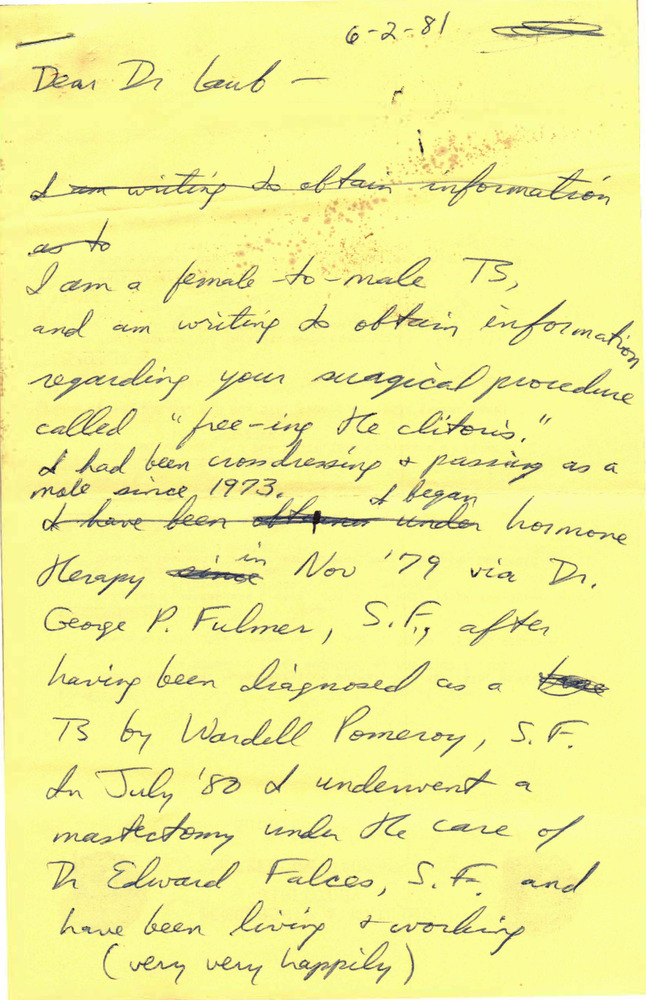 Download the full-sized PDF of Correspondence from Lou Sullivan to Donald Laub (June 2, 1981)