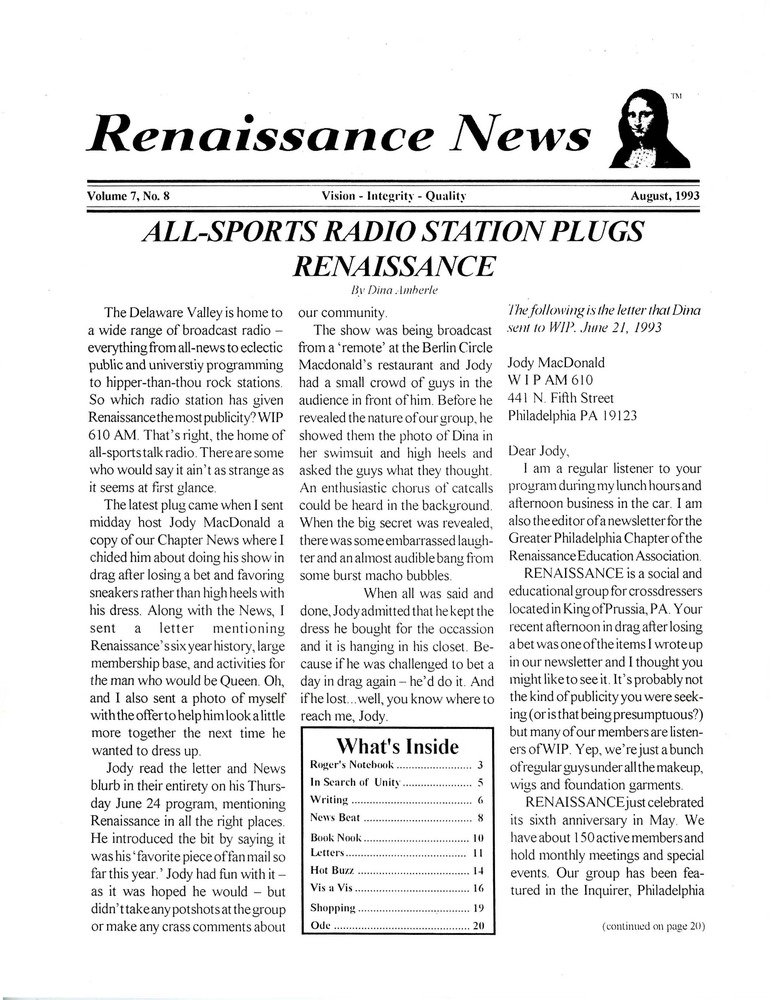Download the full-sized PDF of Renaissance News, Vol 7. No. 8 (August 1993)