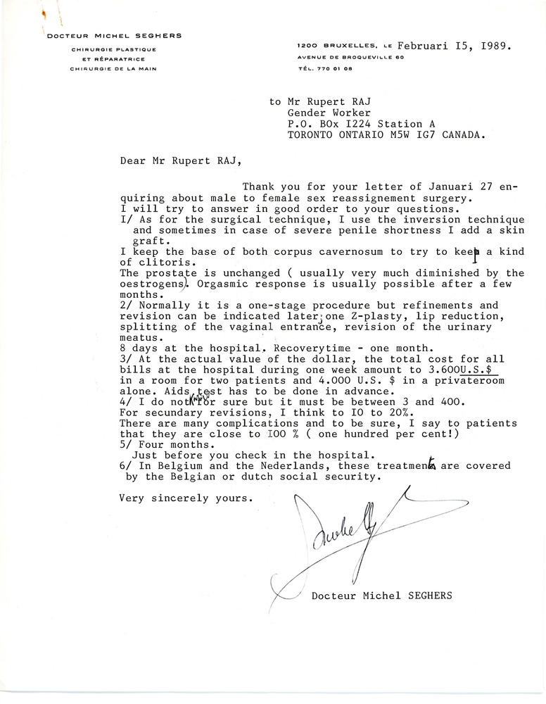 Download the full-sized PDF of Letter to Rupert Raj from Dr. Michel Seghers (February 15, 1989)