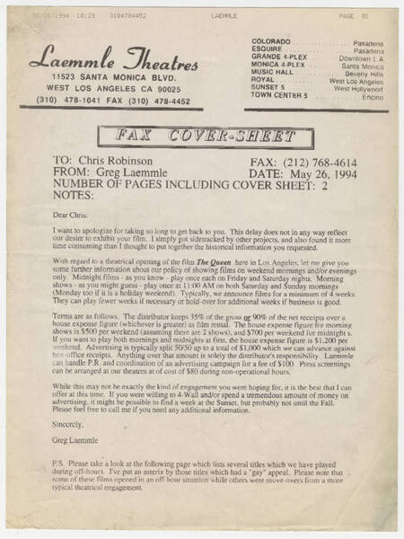 Download the full-sized image of 'Los Angeles' correspondence for The Queen