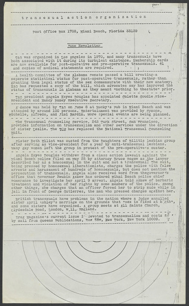 Download the full-sized image of Transexual Action Organization Newsletter (June, c. 1970-1973)
