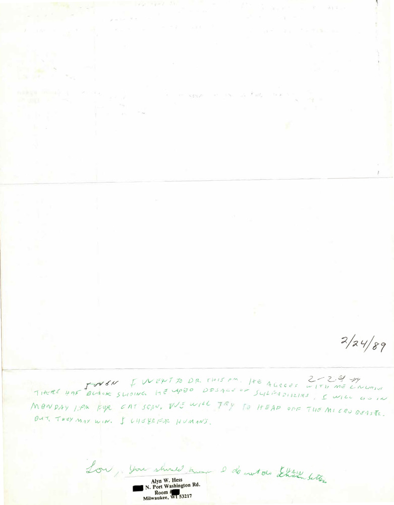 Download the full-sized PDF of Correspondence from Alyn Hess to Lou Sullivan (February 24, 1989)