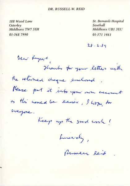 Download the full-sized image of Letter from Russell W. Reid to Rupert Raj (February 28, 1989)