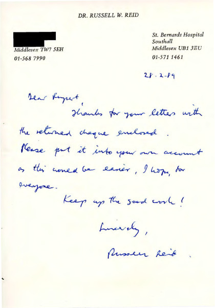 Download the full-sized image of Letter from Russell W. Reid to Rupert Raj (February 28, 1989)