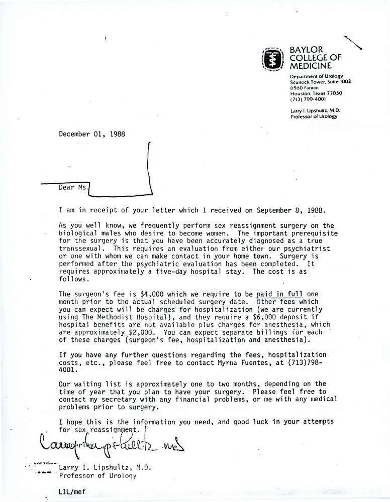 Download the full-sized PDF of Letter from Dr. Larry I. Lipschultz Regarding Surgical Transition (December 1, 1988)
