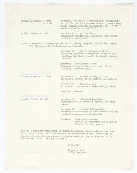 Download the full-sized image of Itinerary for the North American Native Gay and Lesbian Gathering, 1990