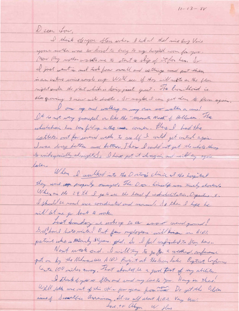 Download the full-sized PDF of Correspondence from Alyn Hess to Lou Sullivan (November 13, 1988)