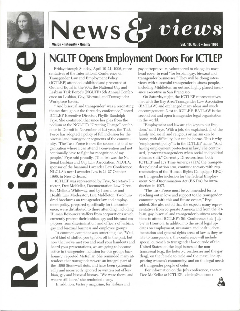 Download the full-sized PDF of Renaissance News & Views, Vol. 10 No. 6 (June 1996)