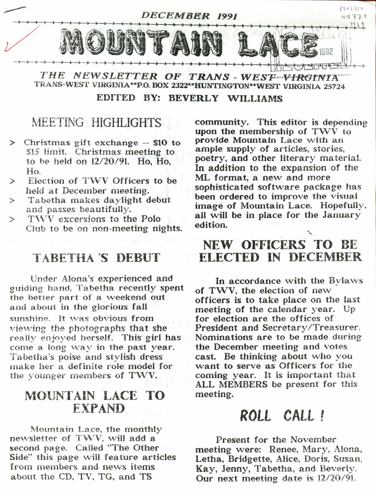 Download the full-sized PDF of Mountain Lace: The Newsletter of Trans - West Virginia (December, 1991)