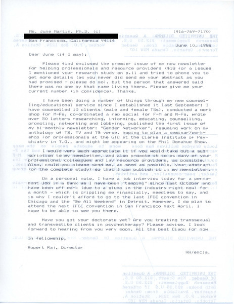 Download the full-sized image of Letter from Rupert Raj to June Martin (June 10, 1988)