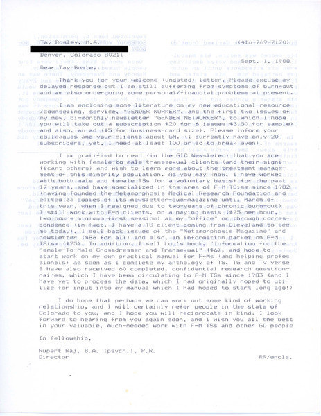 Download the full-sized image of Letter from Rupert Raj to Tay Bosley (September 1, 1988)