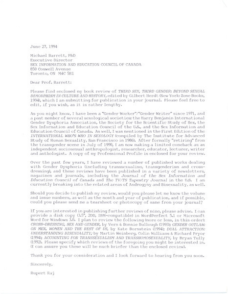 Download the full-sized image of Letter from Rupert Raj to Michael Barrett (June 27, 1994)