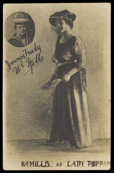 Download the full-sized image of A sailor called William Mills in drag and in naval uniform. Photographic postcard, 191-.