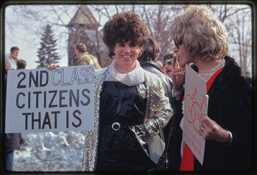 Download the full-sized image of A Photograph of Sylvia Rivera and Lee Brewster at a 1971 Demonstration in Albany