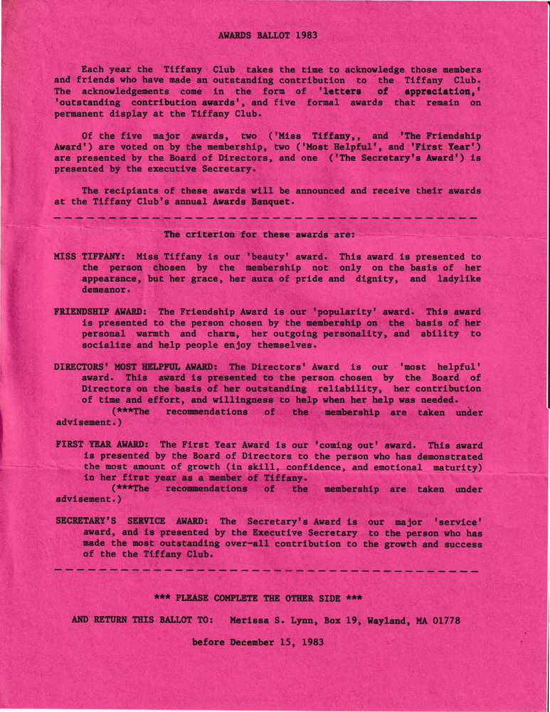 Download the full-sized PDF of Tiffany Club, Awards Ballot 1983